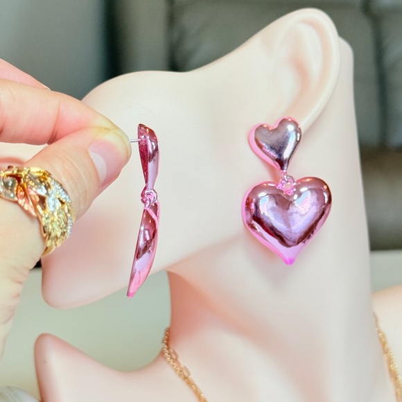 Pink and Silver Heart Earrings - Picture 6 of 10